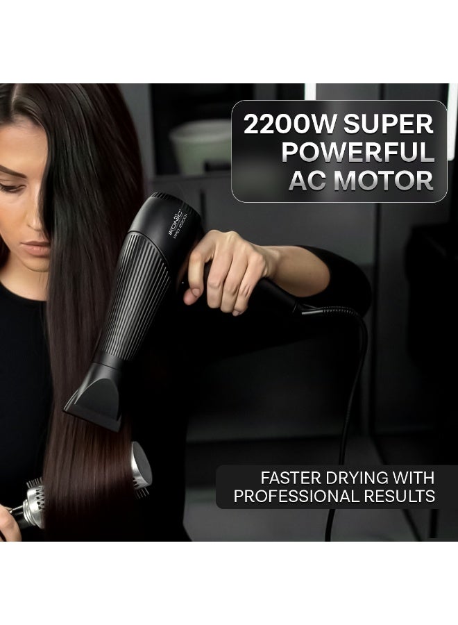 أي كونيك مجفف شعر Ikonic Pro 2200+، بقدرة 2200 واط مع محرك AC قوي، تقنية الأيونات، إعدادان للسرعة و3 إعدادات للحرارة، زر هواء بارد (Cool Shot)، مستوى ضوضاء منخفض، مزود بموزّع هواء وفوهة للتصفيف، مناسب للنساء والرجال، باللون الأسود، مناسب لجميع أنواع الشعر. - Image 2